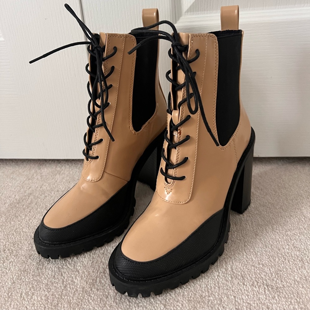 Tan and black lace boot chunky heel